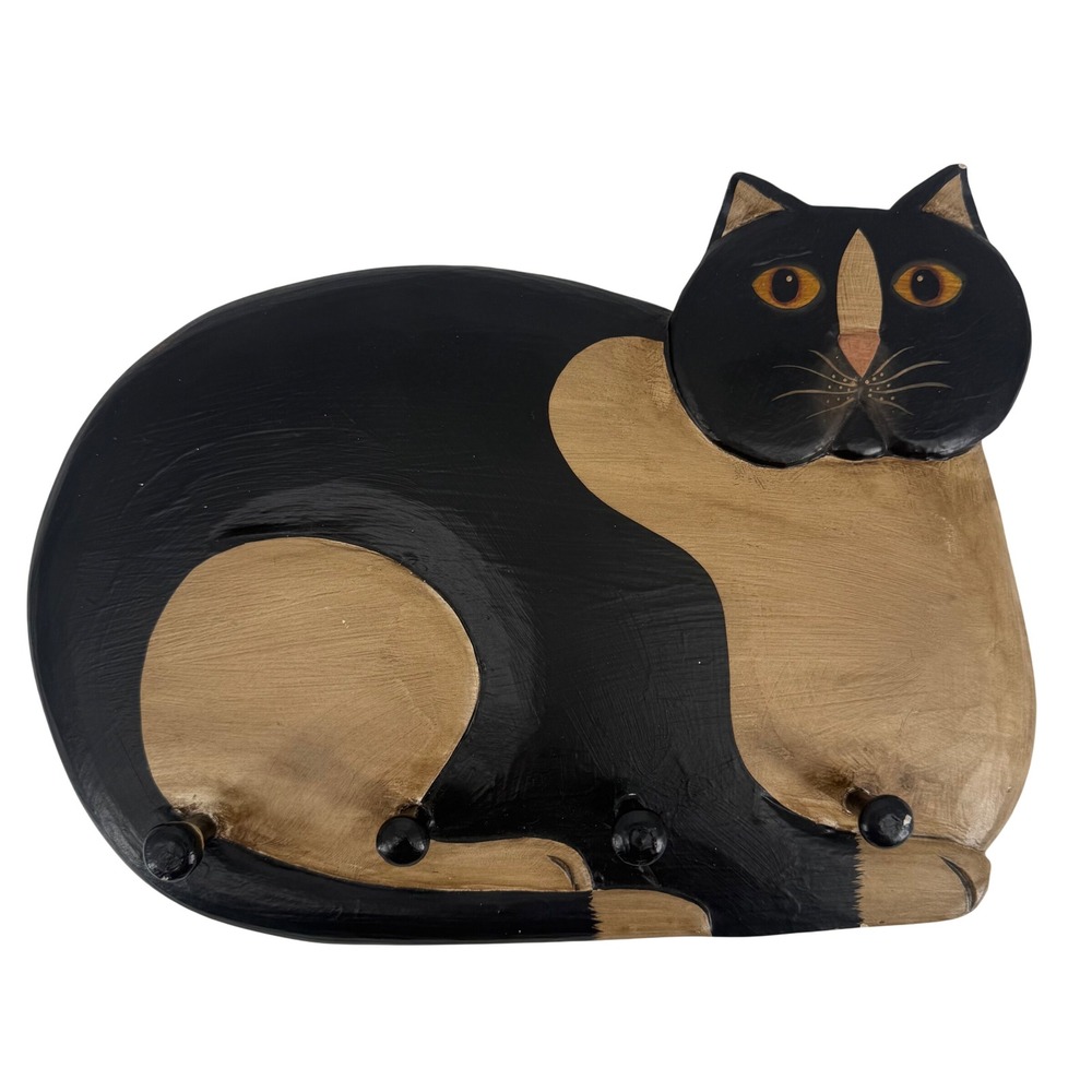 Vintage Hand Carved Painted‎ Wooden Cat Wall Hook Rack Folk Art Black Tan